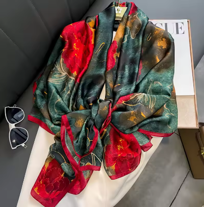 Luxury Silk Smooth Scarf Soft Headband Shawl - Red & Green Floral Design
