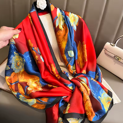 Silk Smooth Scarf Soft Headband Shawl - Red & Blue Floral Design