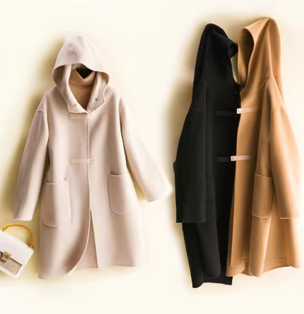 Womens Hooded Wool Coat Reversible Mid Length Loose Fit