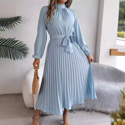Elegant Pleated Long-Sleeve Dress with Belt