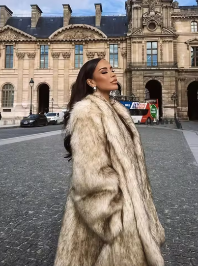 Luxurious Fashion Lapel Faux Fur Midi Coat Women