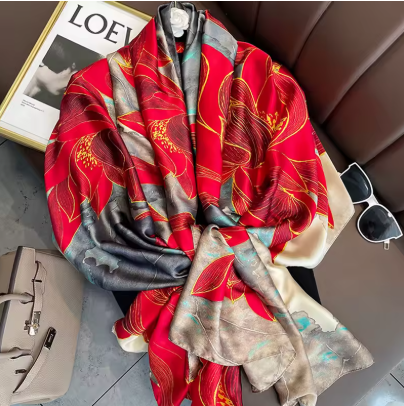 Luxury Silk Smooth Scarf Soft Headband Shawl - Red & Gray Floral Design