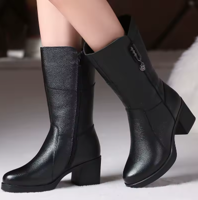 Women's Genuine Leather Mid-Calf Boots with Plush Lining